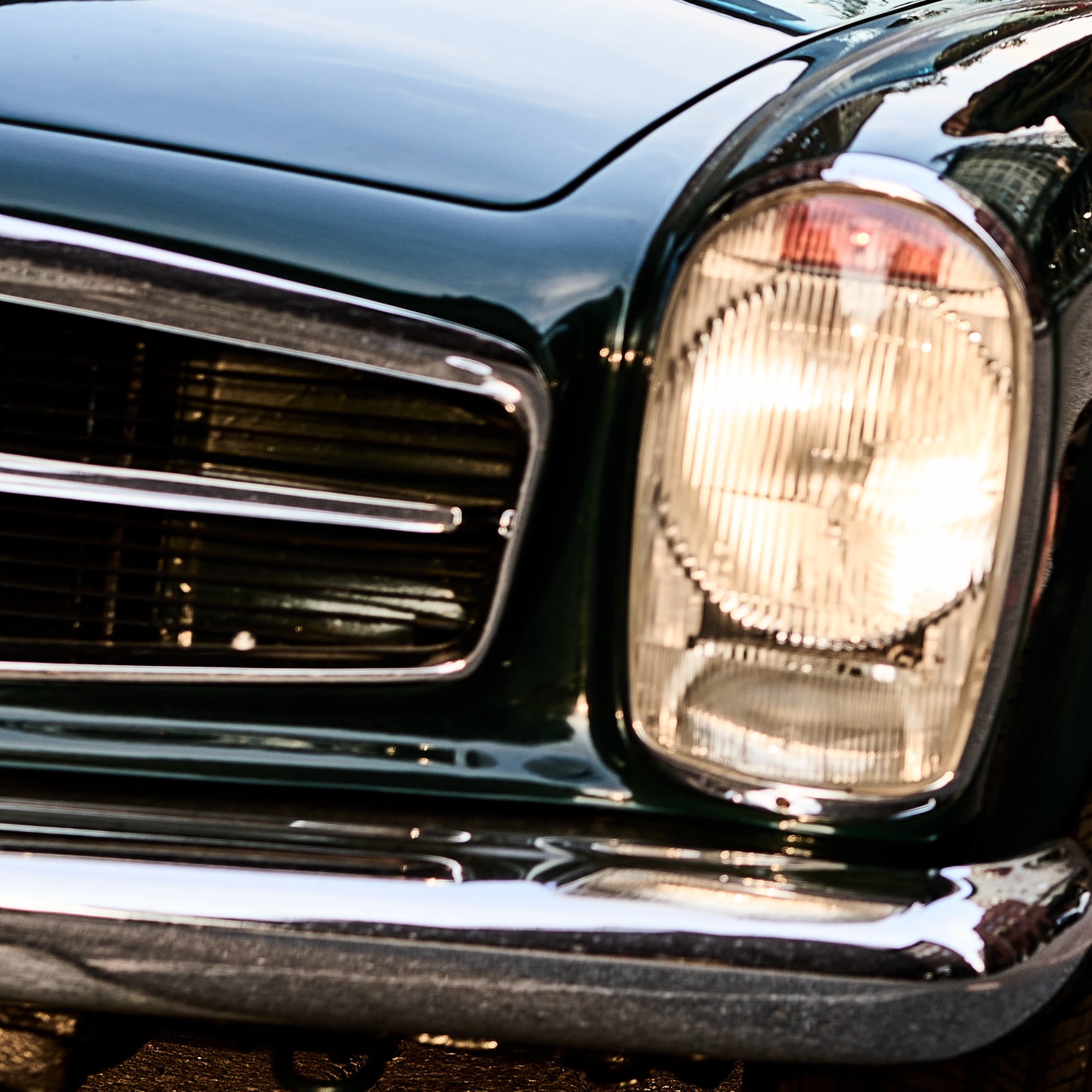 Headlight and chrome of the vintage green Mercedes from the Blue Forest Farms shoot