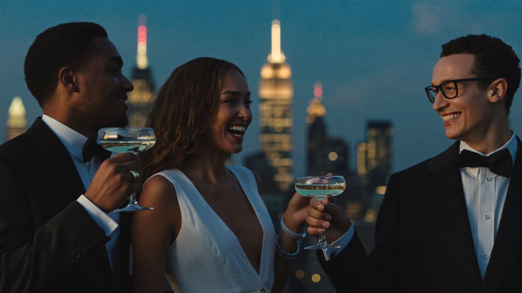 Three friends in evening wear toasting on a rooftop with the Manhattan skyline behind them